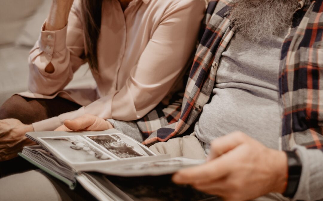 Couple looking at family photos